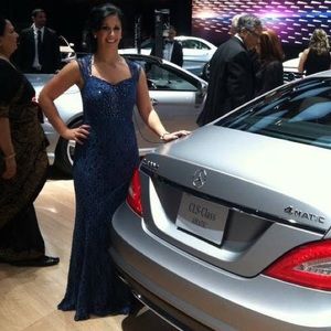 Blue long lace dress with embellishments